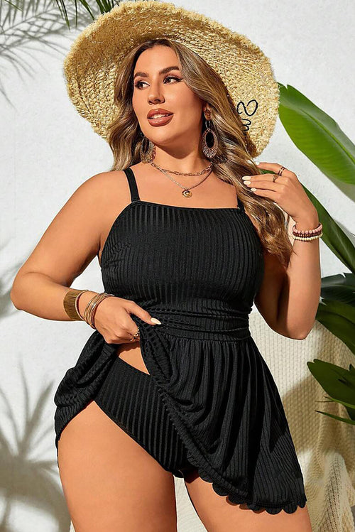 Black Plus Size Textured Scalloped Trim Swim Dress with Panty
