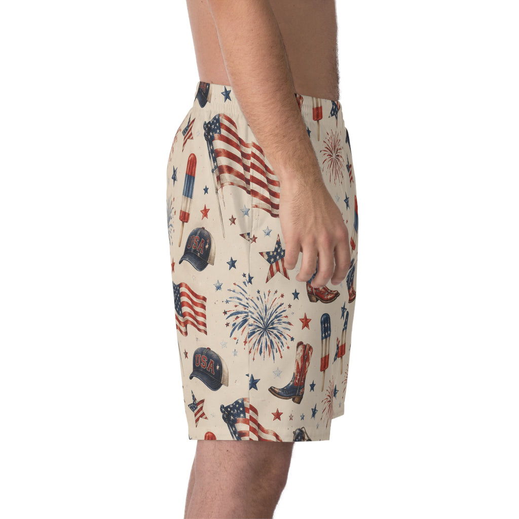 Patriotic Fourth of July Beach Shorts — American Flag Fireworks Print