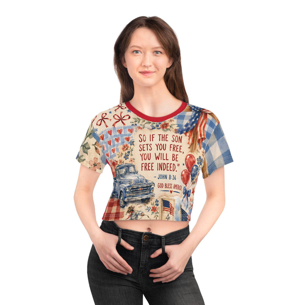 Patriotic Western Crop Tee — "So If the Son Sets You Free" Christian Americana