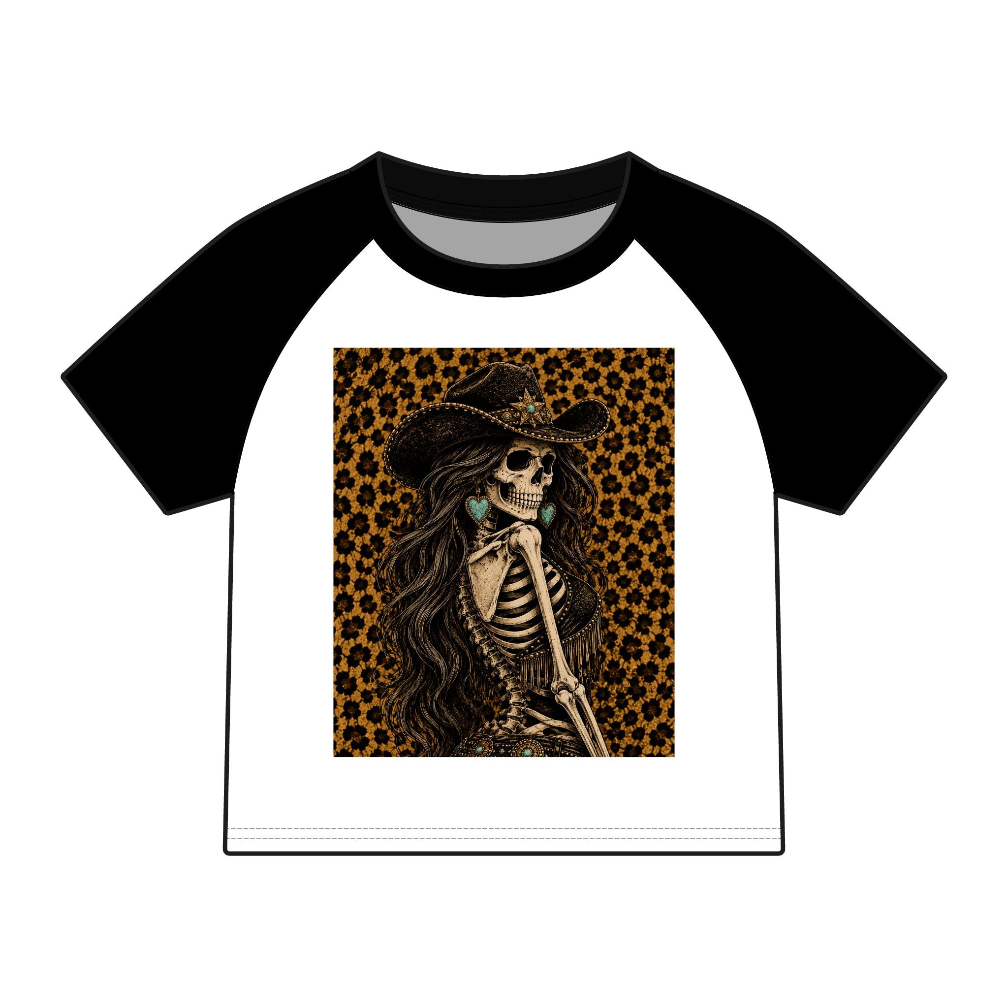 Cowgirl Skeleton Graphic Tee — Leopard Print Western Skull Shirt