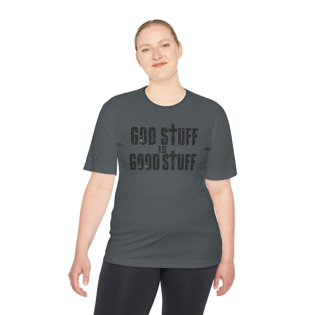 Christian Tee — "God Stuff Is Good Stuff" Psalm 34:8 Cross Graphic Moisture-Wicking Shirt