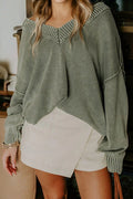 Four Leaf Clover Mineral Wash V Neck Knit Exposed Seam Drop Shoulder Loose Sweater