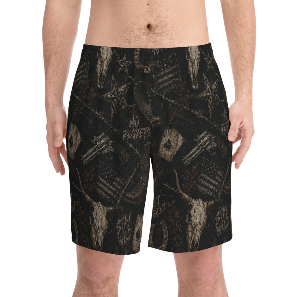 Men's Beach Shorts - Rustic Western Skull & 'Stay Wild' Pattern
