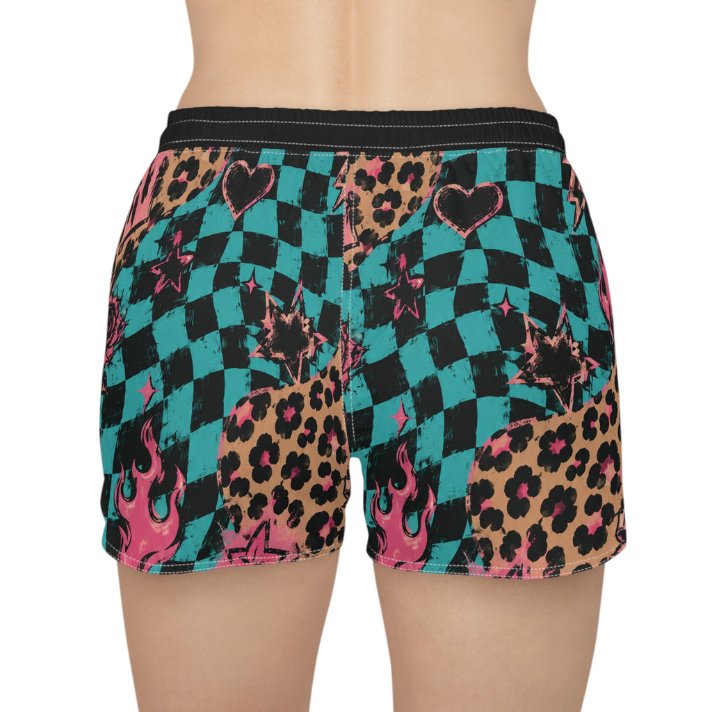Checkerboard Leopard Print Women's Running Shorts — 'Don't Care' Punk Graphic