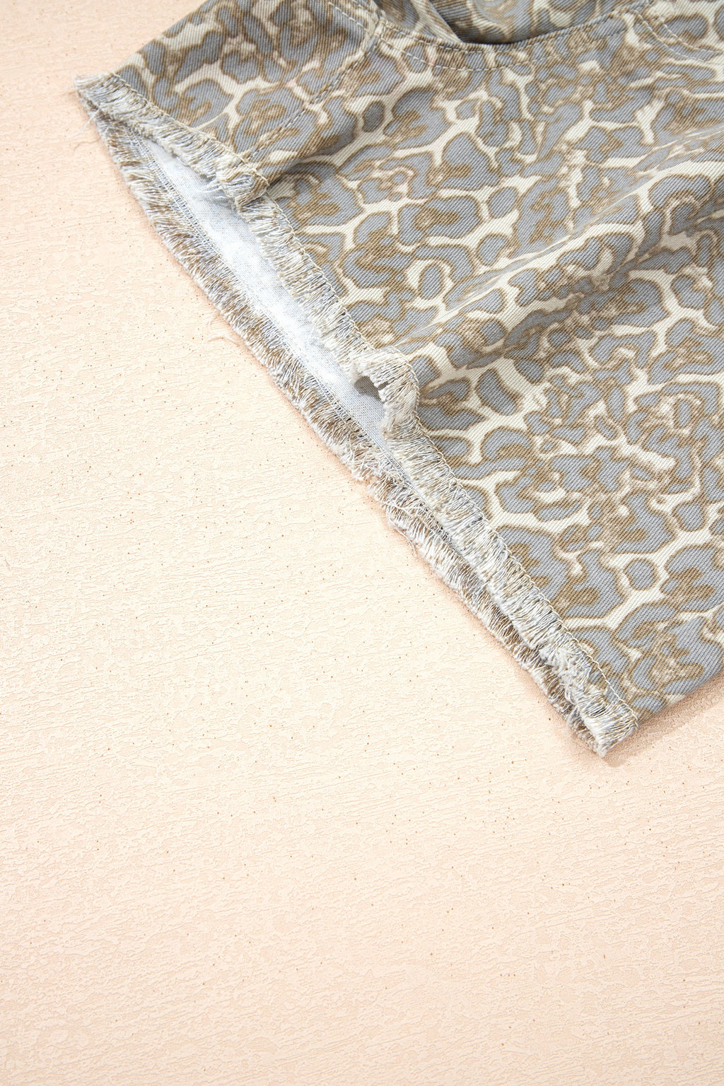 Khaki Raw Edge Leopard Print Denim Shorts