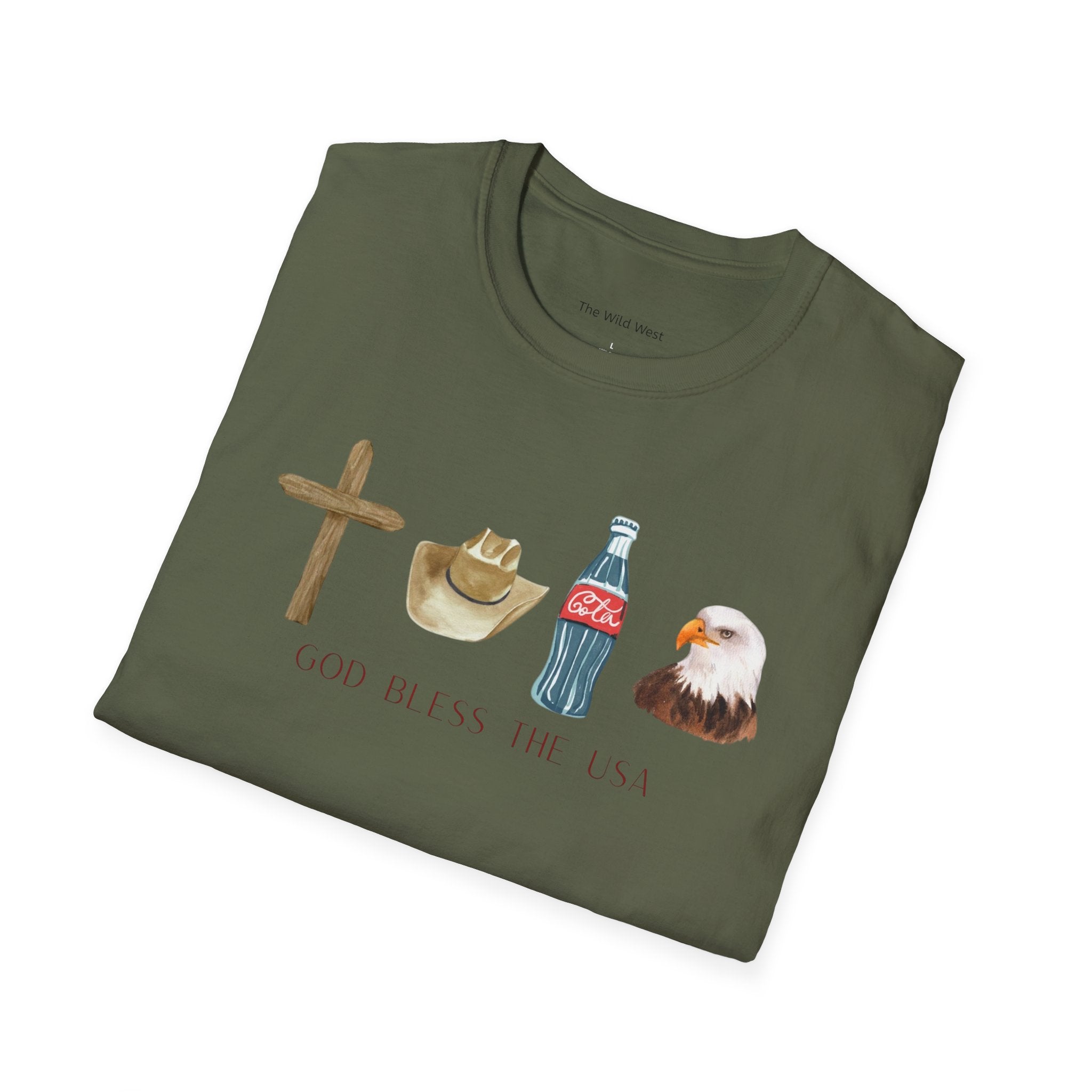 Patriotic Icons T‑Shirt — "God Bless The USA" Cross, Cowboy Hat, Coke & Eagle Design