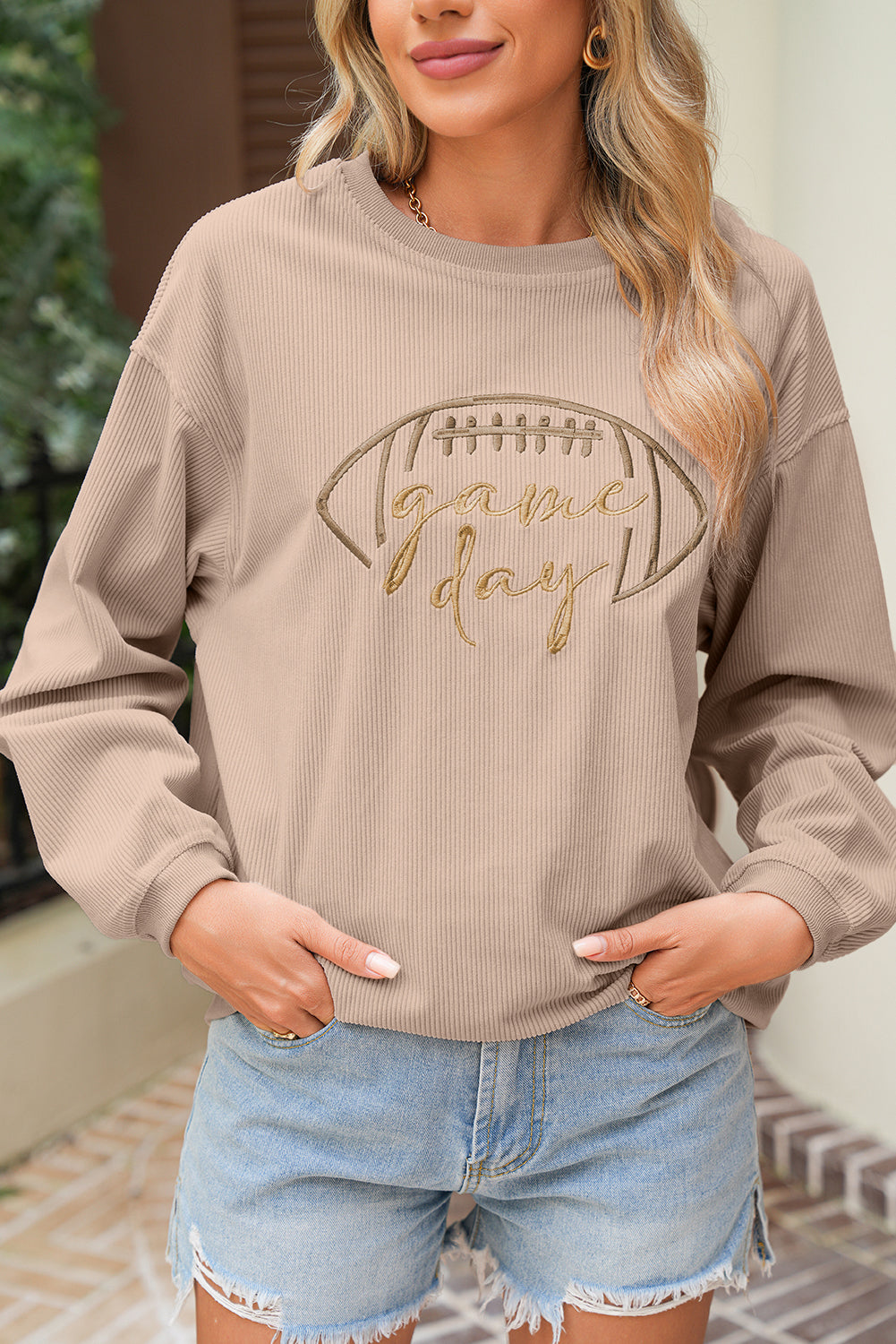 Black Football Graphic Game Day Embroidered Corded Sweatshirt