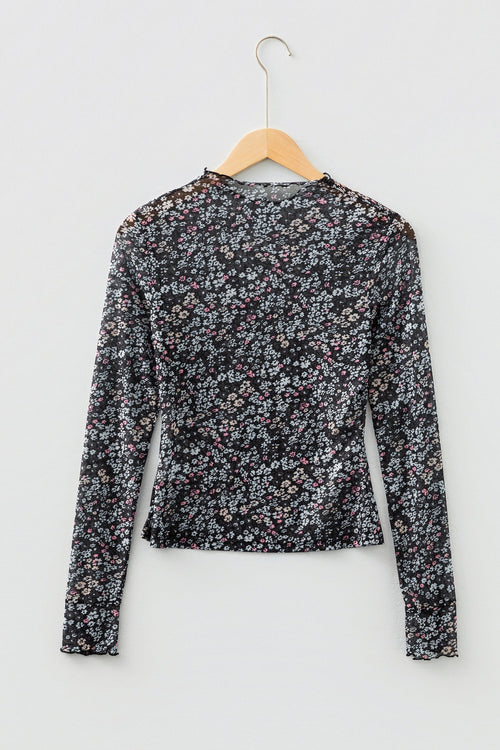 Black Ditsy Floral Mesh Thumbhole Sleeve Slim Fit Top