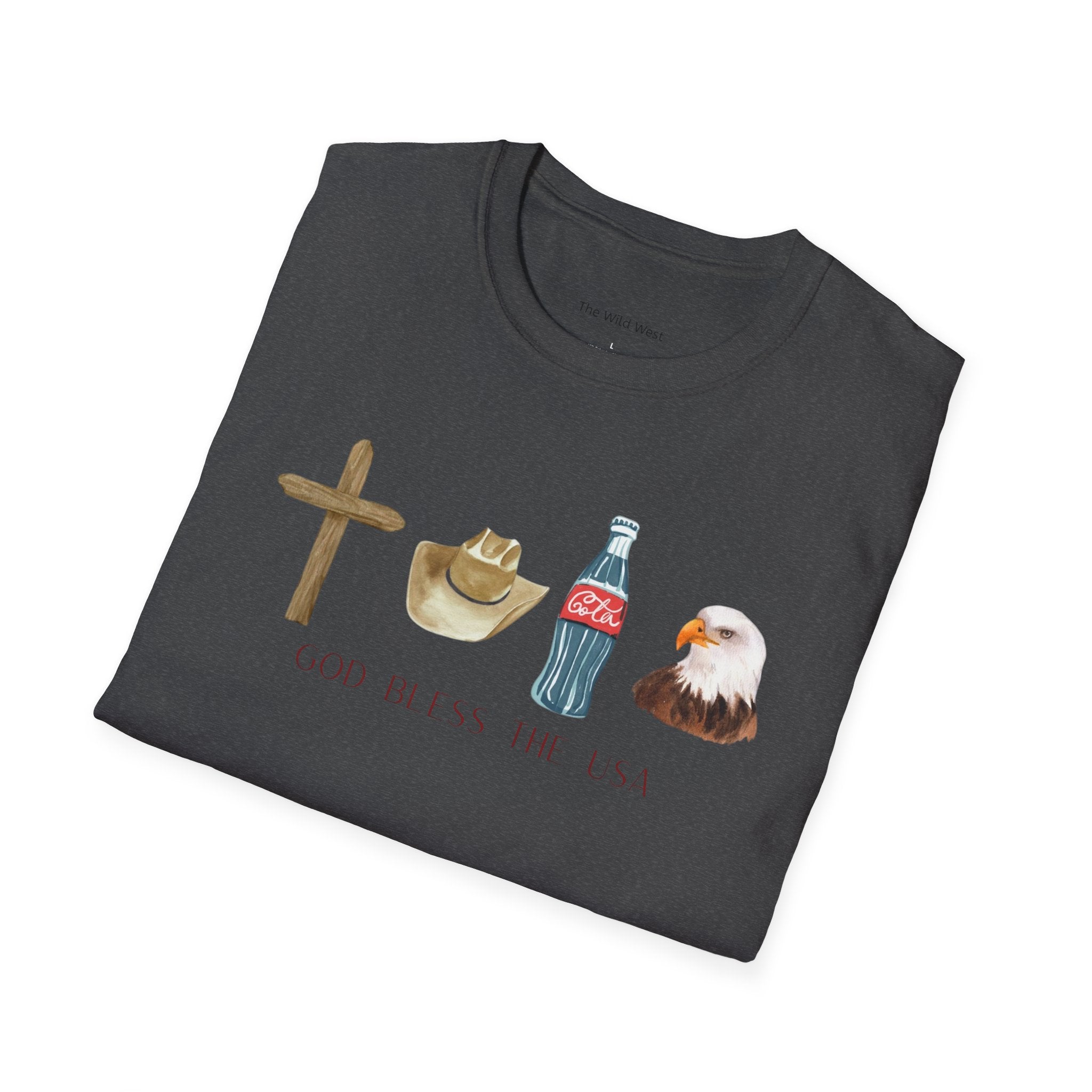 Patriotic Icons T‑Shirt — "God Bless The USA" Cross, Cowboy Hat, Coke & Eagle Design
