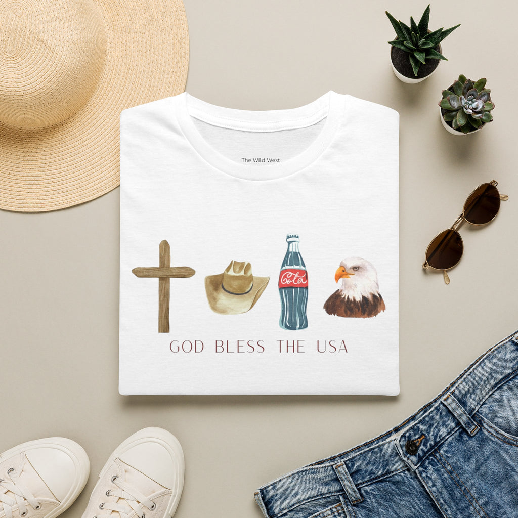 Patriotic Icons T‑Shirt — "God Bless The USA" Cross, Cowboy Hat, Coke & Eagle Design