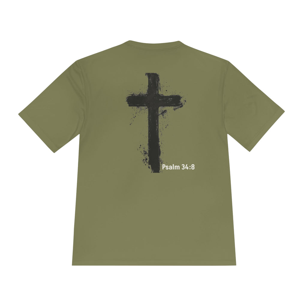 Christian Tee — "God Stuff Is Good Stuff" Psalm 34:8 Cross Graphic Moisture-Wicking Shirt