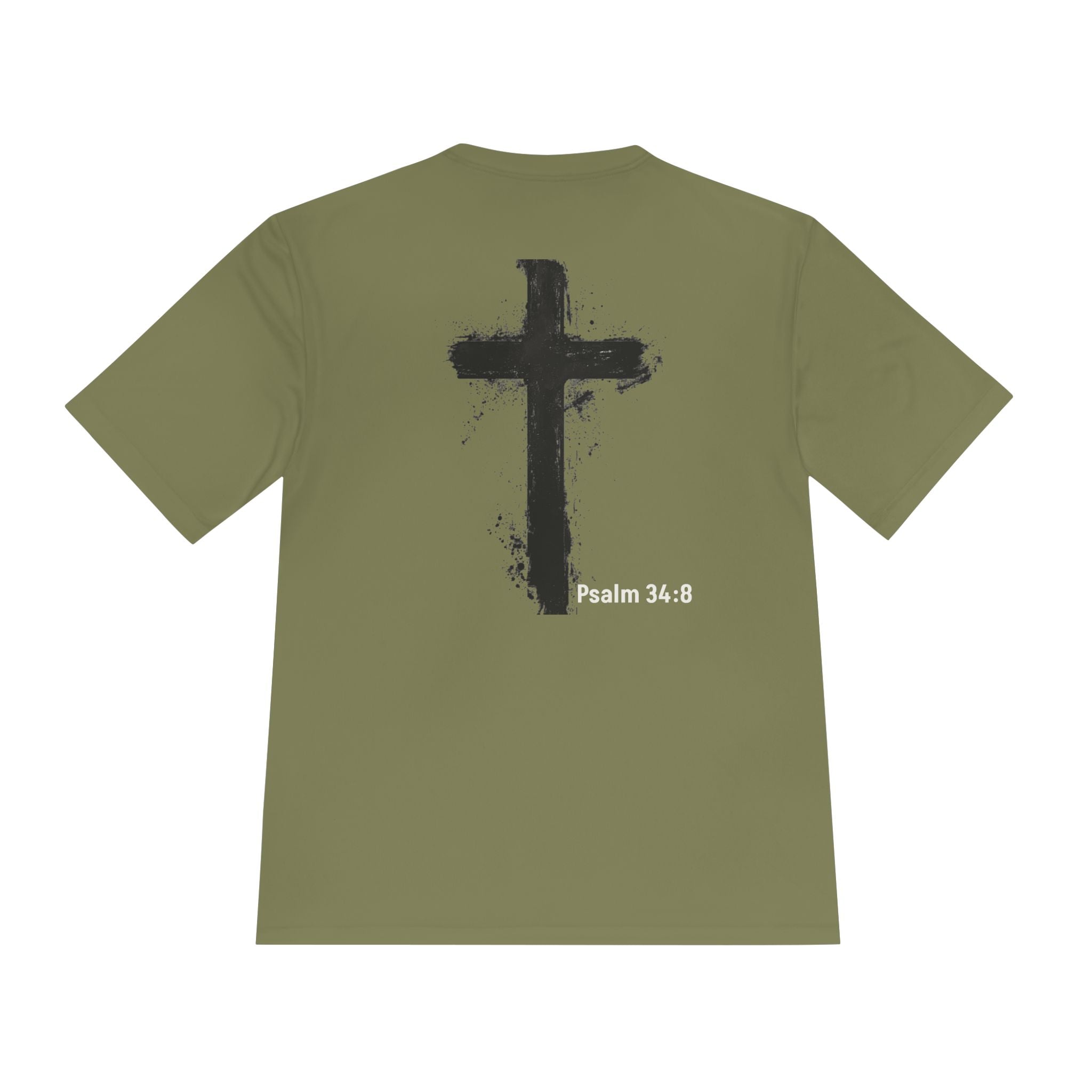 Christian Tee — "God Stuff Is Good Stuff" Psalm 34:8 Cross Graphic Moisture-Wicking Shirt