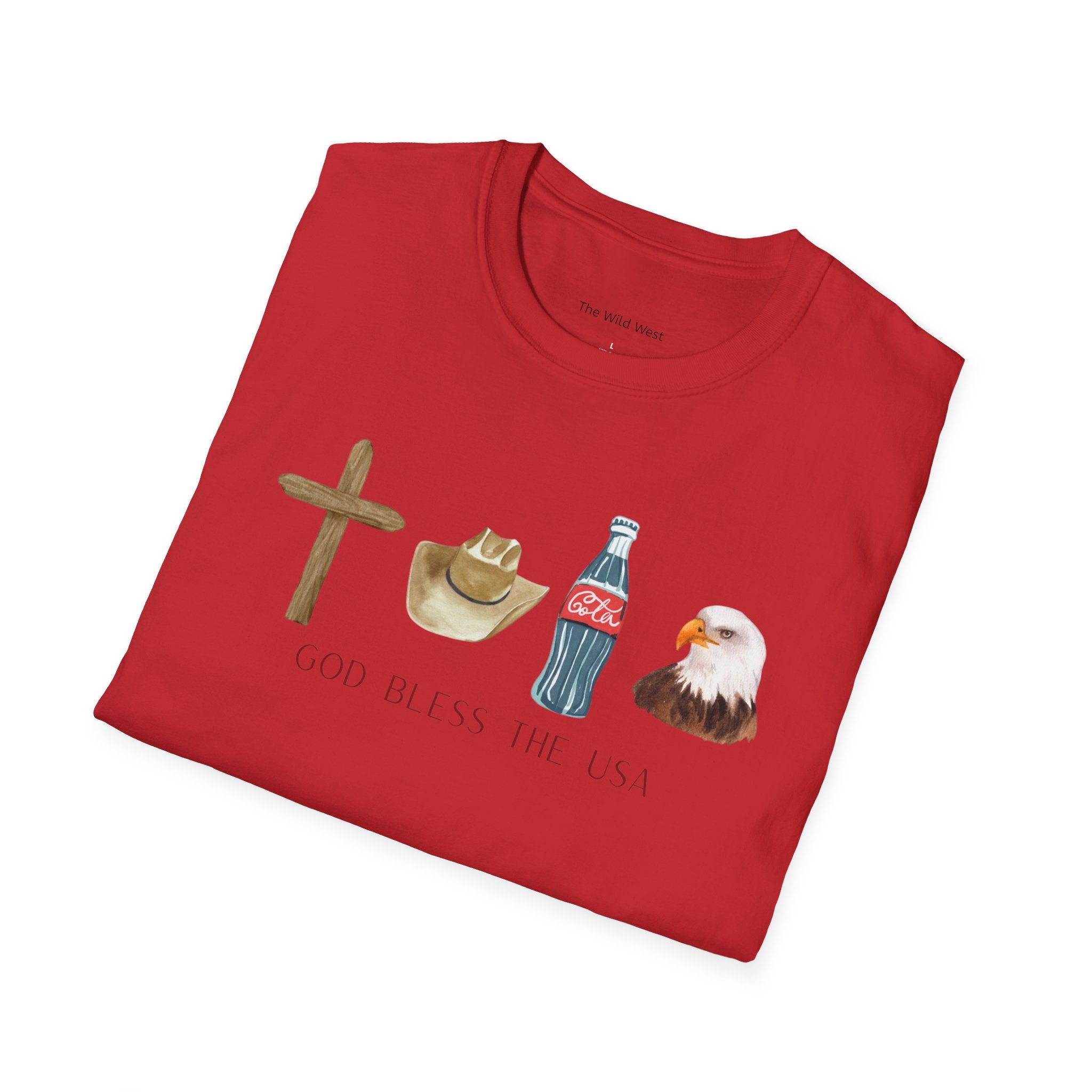 Patriotic Icons T‑Shirt — "God Bless The USA" Cross, Cowboy Hat, Coke & Eagle Design
