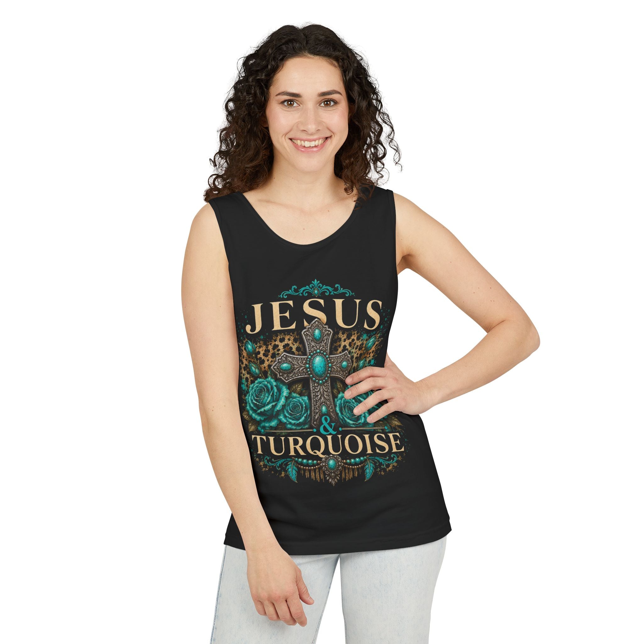 Jesus & Turquoise Tank Top — Floral Cross Christian Tank