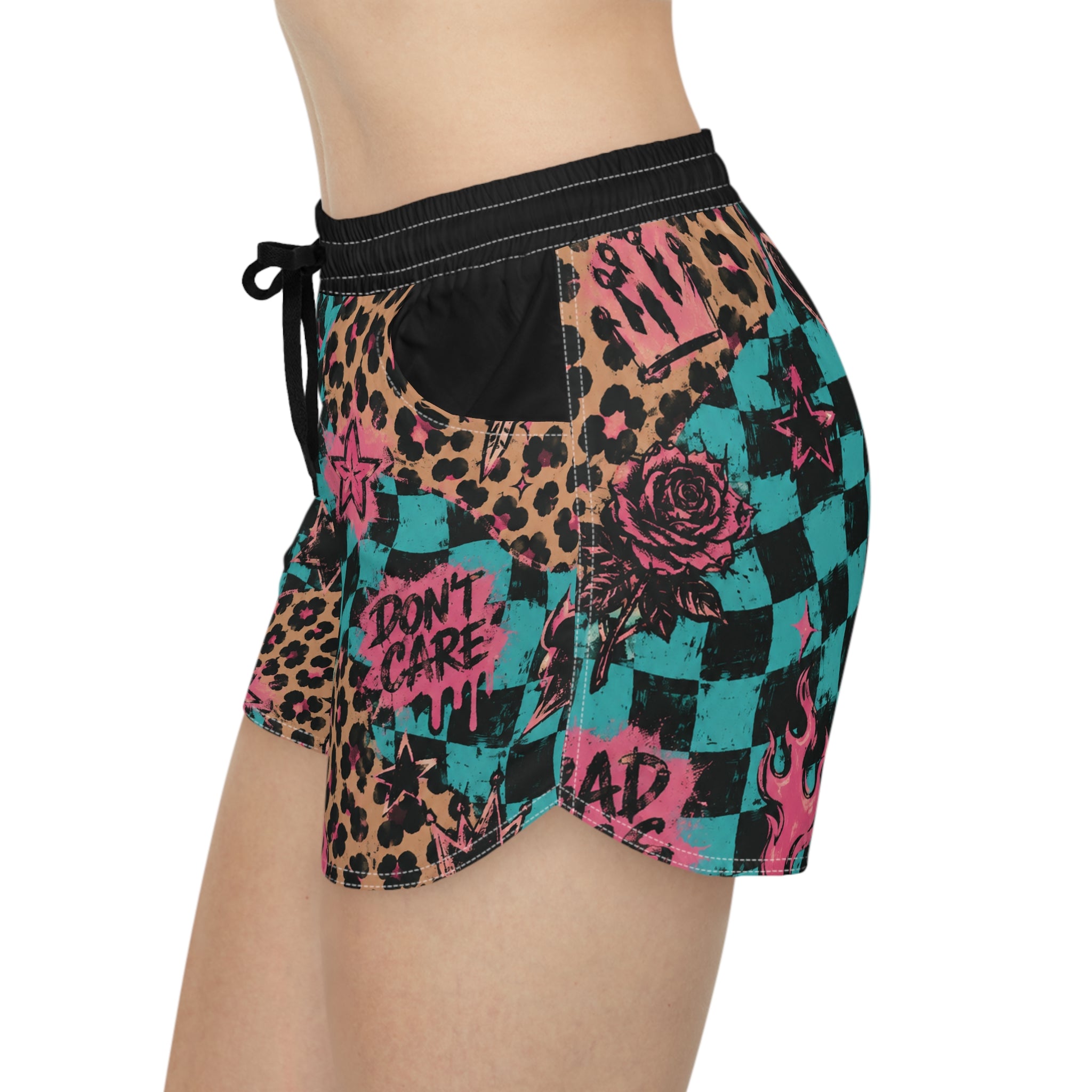 Checkerboard Leopard Print Women's Running Shorts — 'Don't Care' Punk Graphic