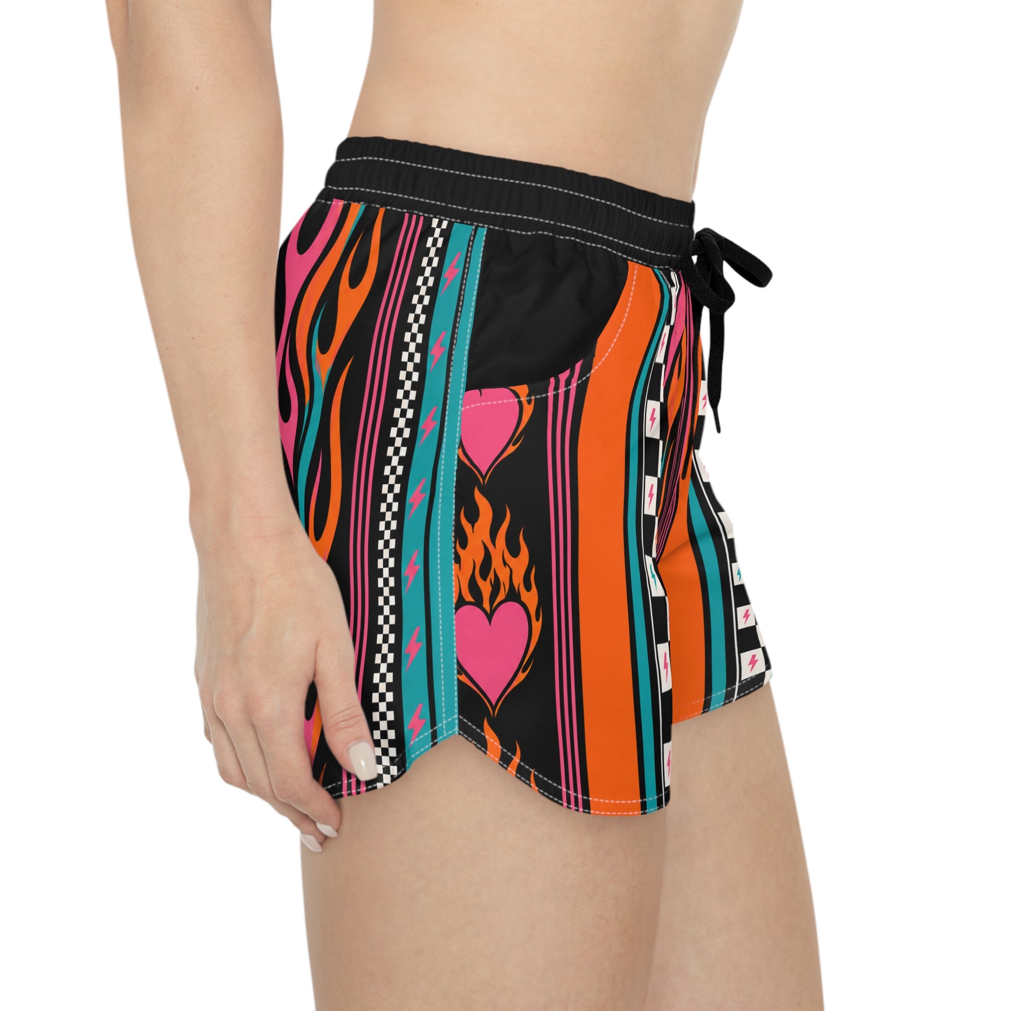 Flame Heart Stripe Casual Shorts — Women's Retro Racer Lounge Shorts