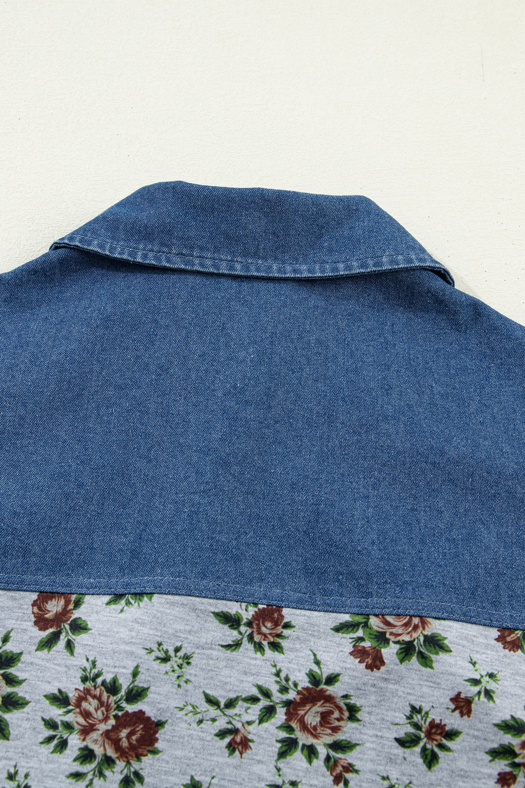 Gray Retro Floral Print Denim Patchwork Buttoned Polo Collar Top
