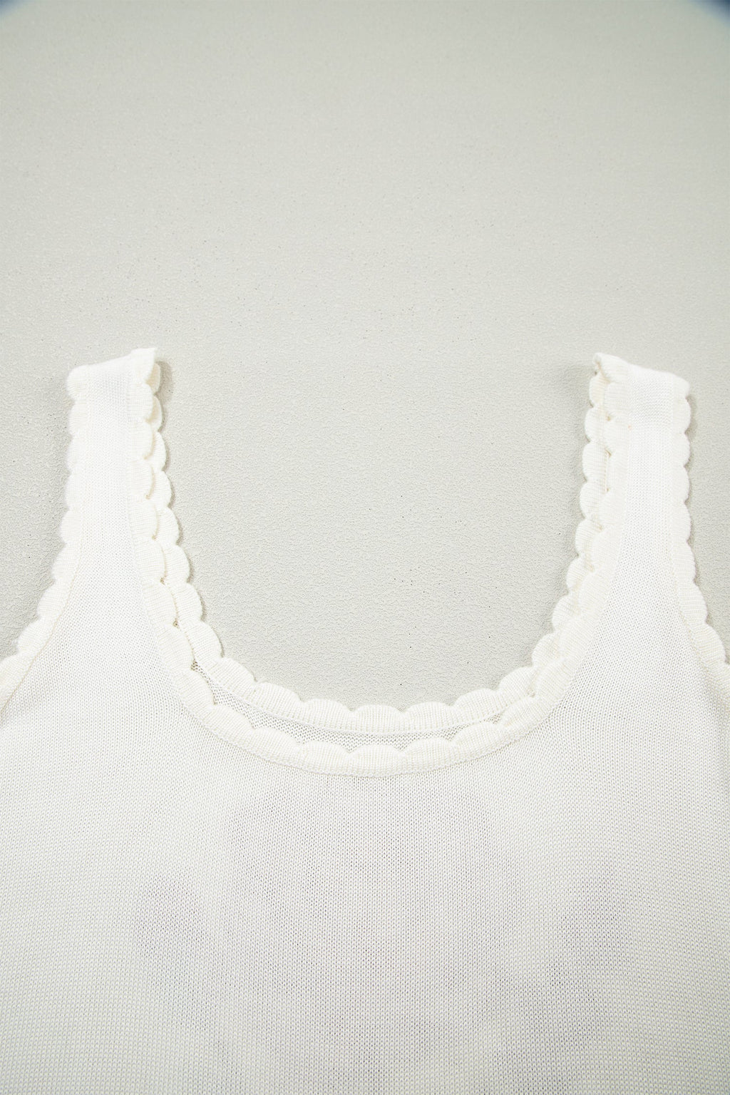 White Retro Floral Print Scalloped Square Neck Knit Sweater Vest