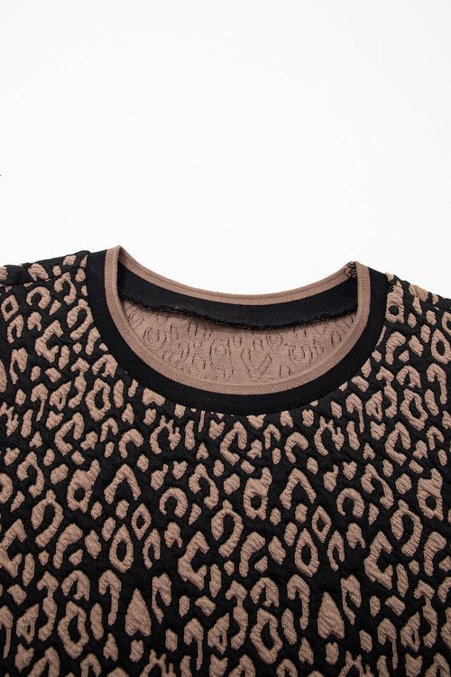 Black Leopard Print Puffy Bracelet Sleeve Contrast Trim Round Neck Top