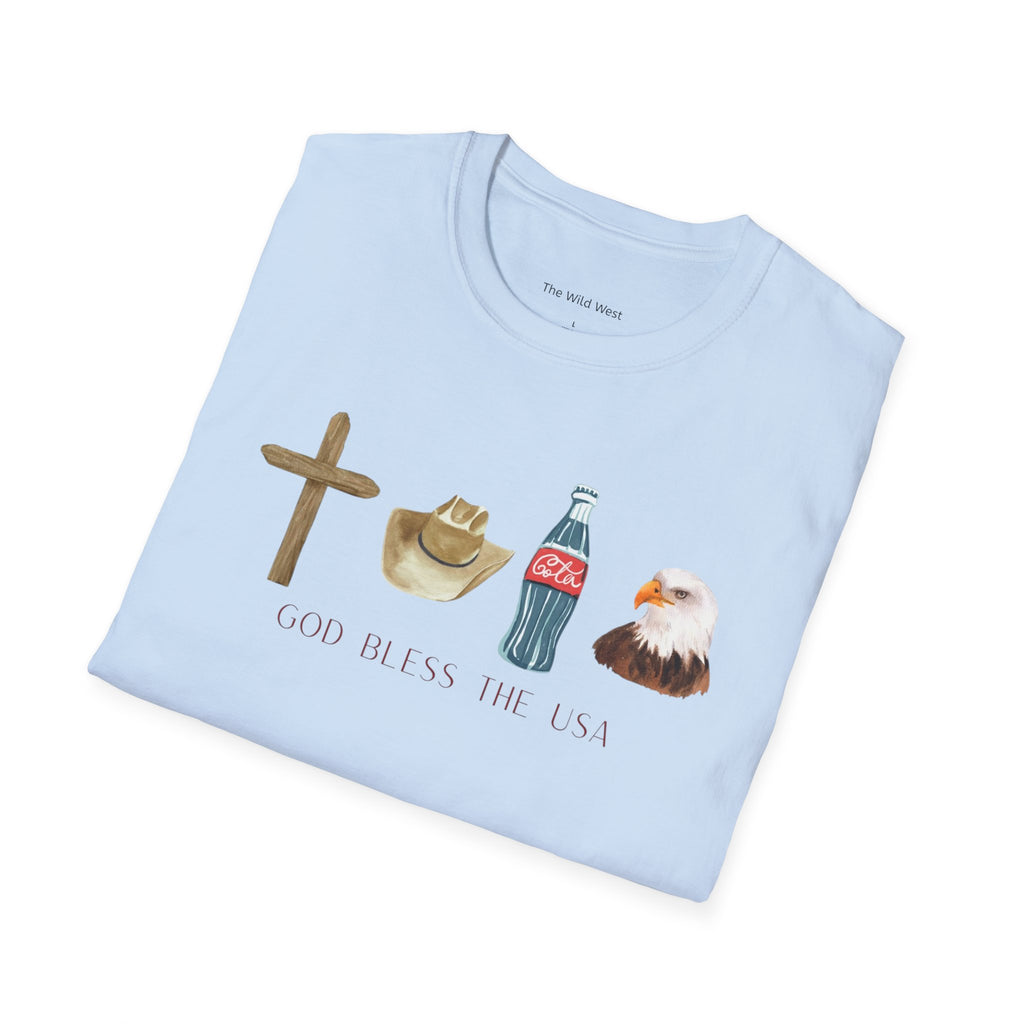 Patriotic Icons T‑Shirt — "God Bless The USA" Cross, Cowboy Hat, Coke & Eagle Design