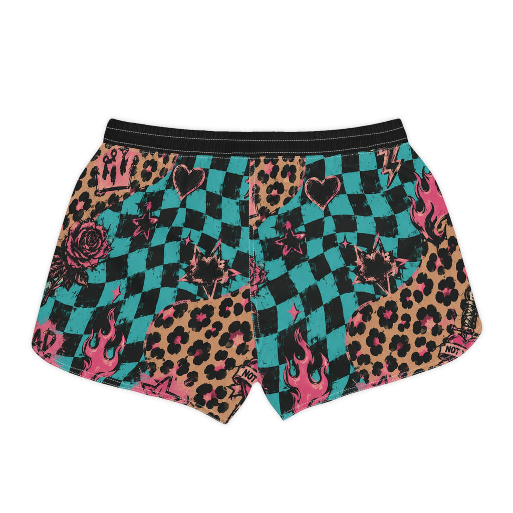 Checkerboard Leopard Print Women's Running Shorts — 'Don't Care' Punk Graphic