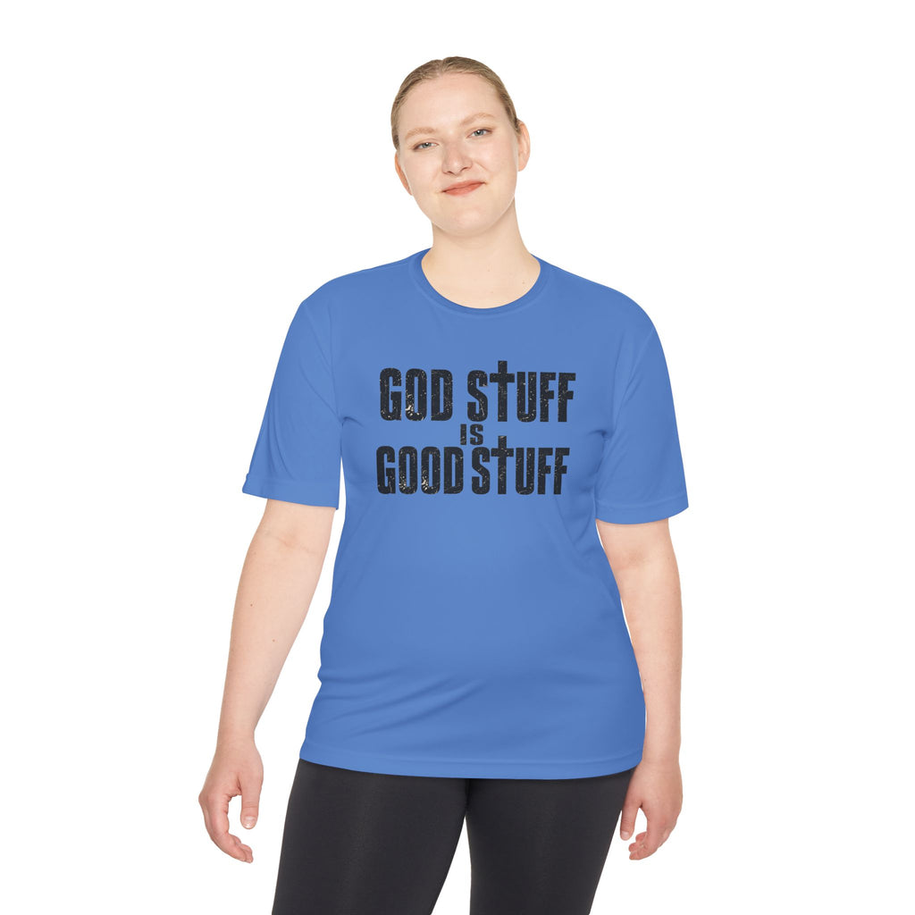 Christian Tee — "God Stuff Is Good Stuff" Psalm 34:8 Cross Graphic Moisture-Wicking Shirt