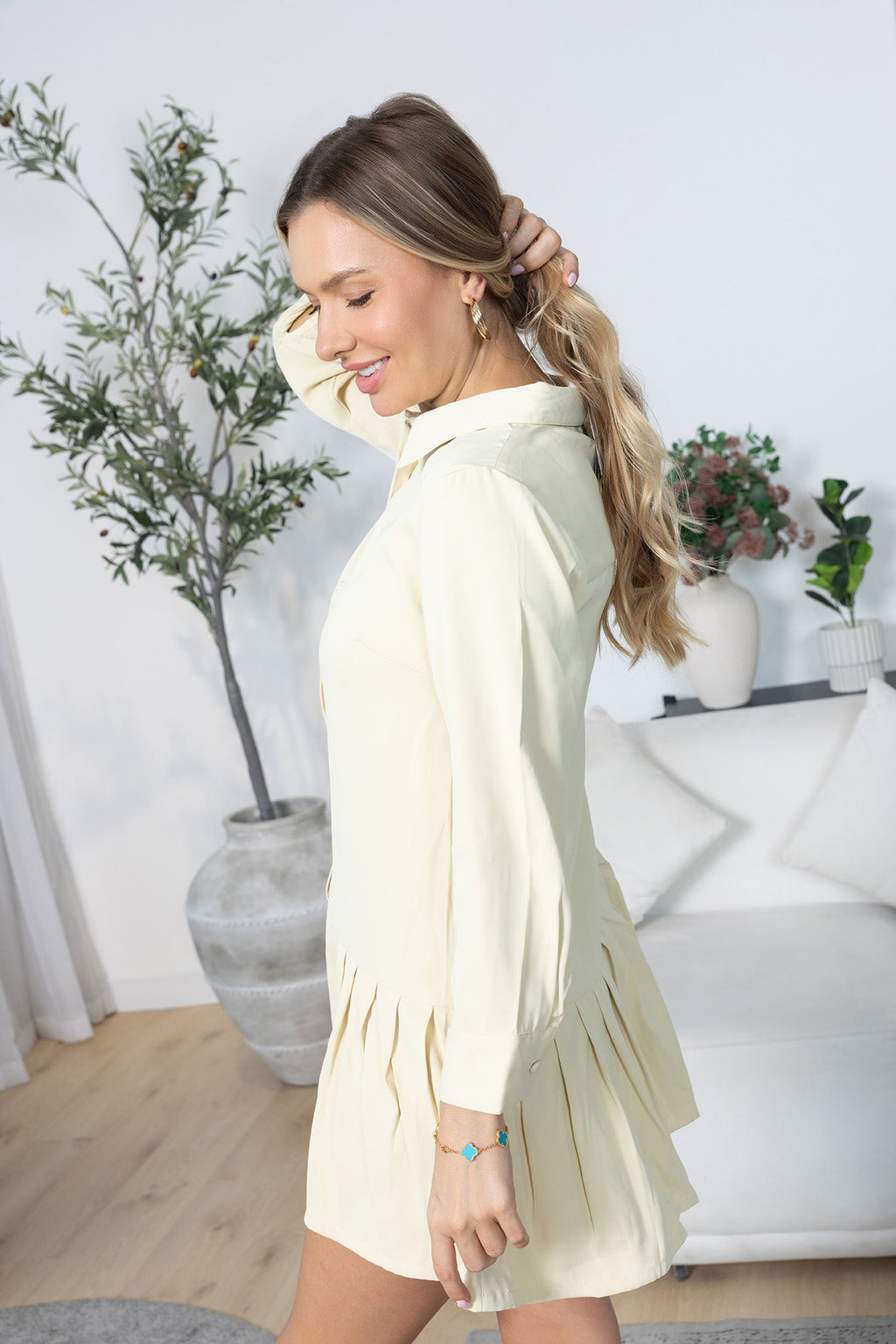 Blush Hour Pleated Mini Dress in Chino Green
