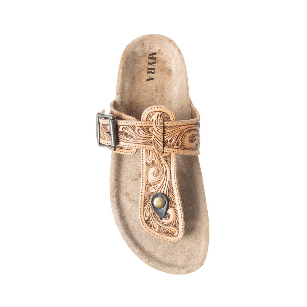 Myra Balinda Ridge Hand-Tooled Leather T-Strap Flats for Women - Western Embossed Sandals with Cushioned Sole for Daily Comfort