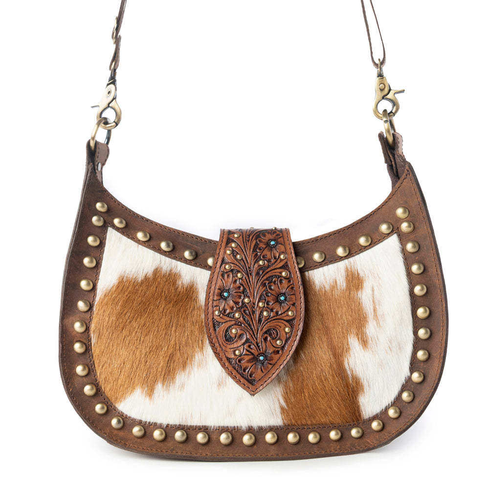 Myra Santa Fe Handtooled Bag for Women in Brown with hairon and studded detail