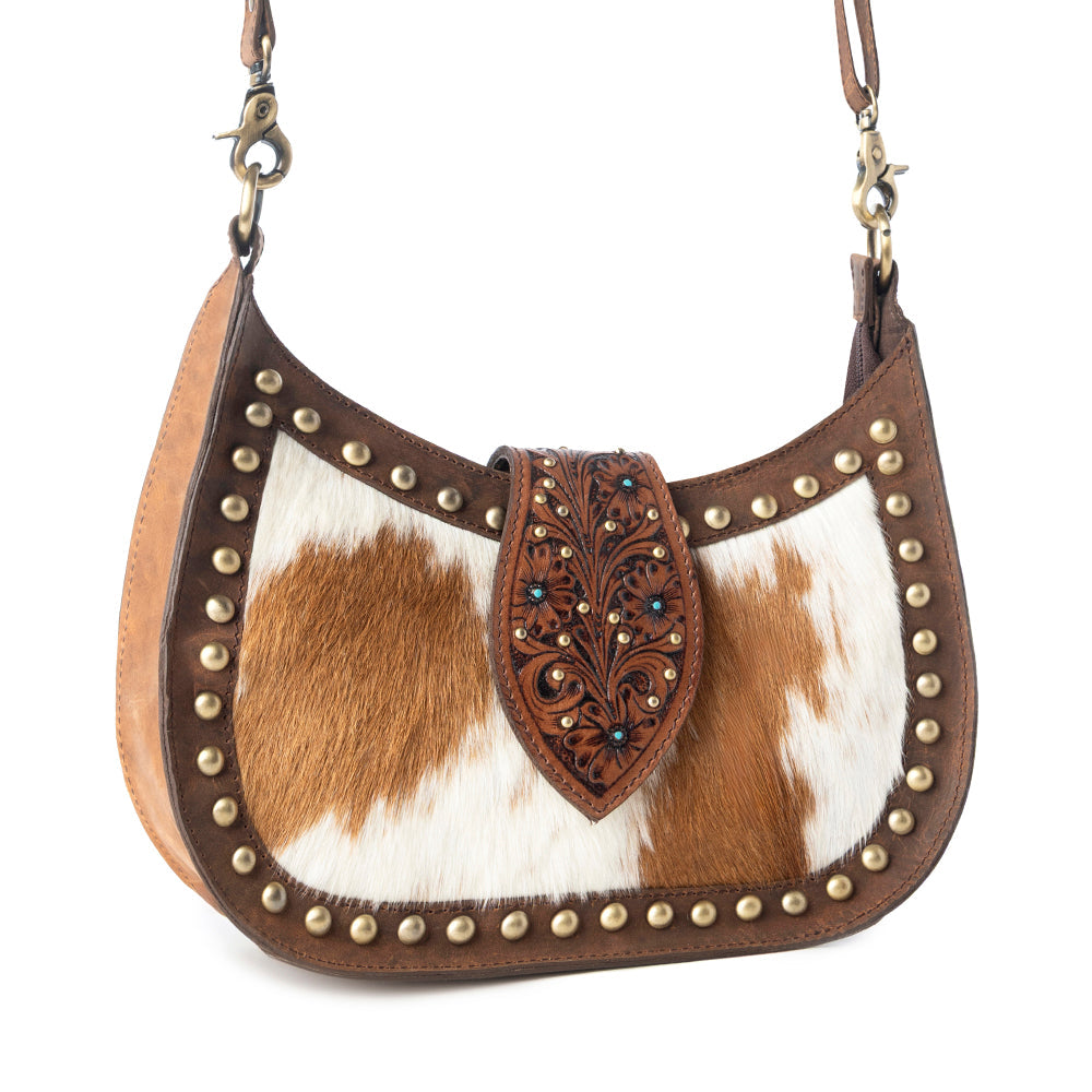 Myra Santa Fe Handtooled Bag for Women in Brown with hairon and studded detail
