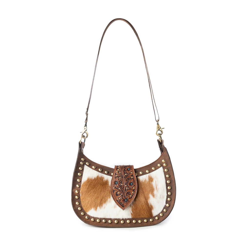 Myra Santa Fe Handtooled Bag for Women in Brown with hairon and studded detail