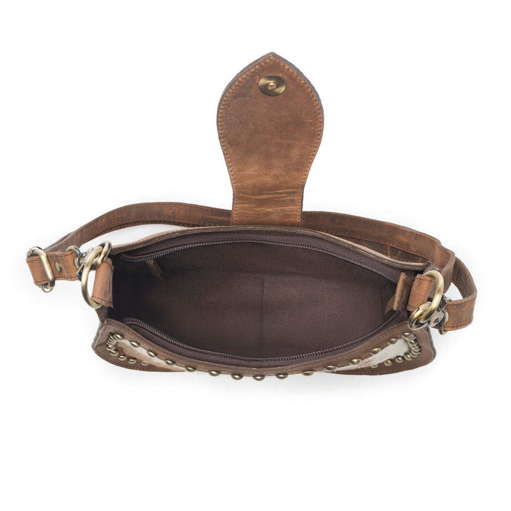 Myra Santa Fe Handtooled Bag for Women in Brown with hairon and studded detail