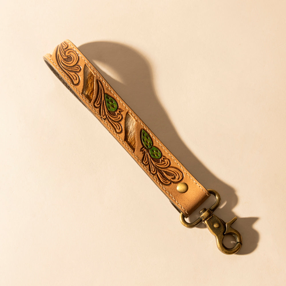 Myra Wildvine Pony Western Handtooled Key Fob in tan with cactus detail