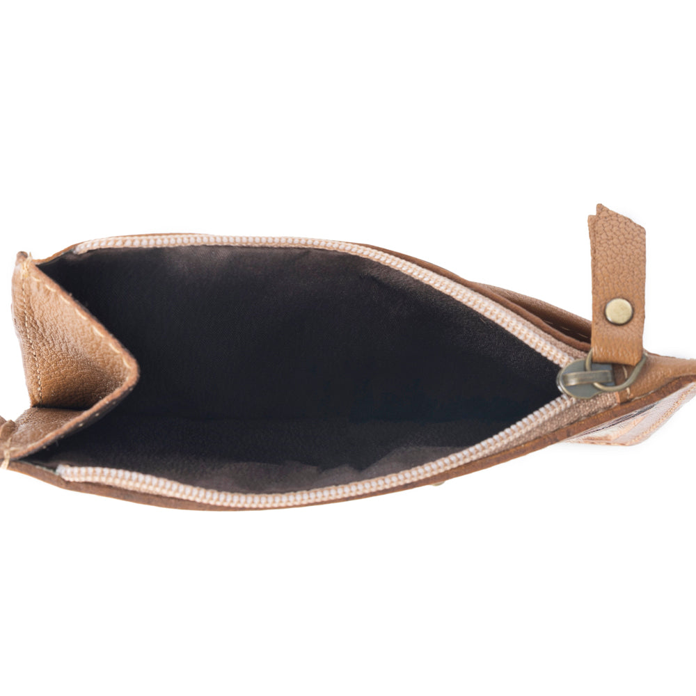 Myra Hand Hewn Western Card Holder for Women in Light Brown with handtooled Cactus detail