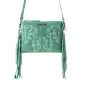 Myra Boot Stitch Suede Bag for Women in green with embroidery and fringe detail
