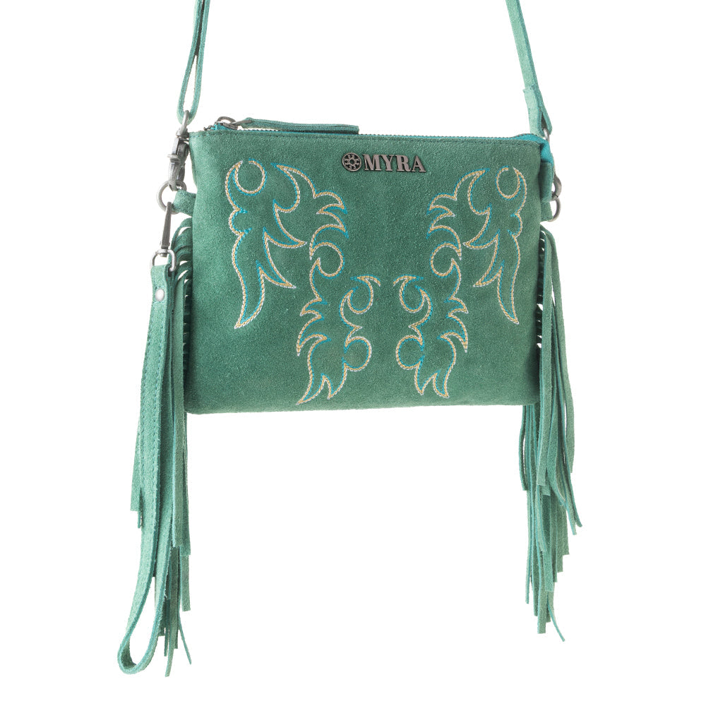 Myra Boot Stitch Suede Bag for Women in green with embroidery and fringe detail