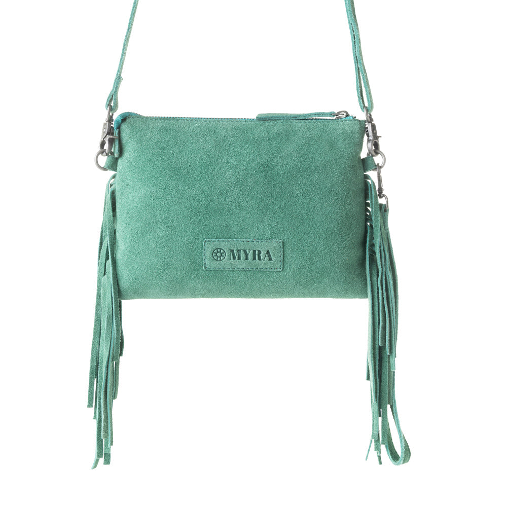 Myra Boot Stitch Suede Bag for Women in green with embroidery and fringe detail