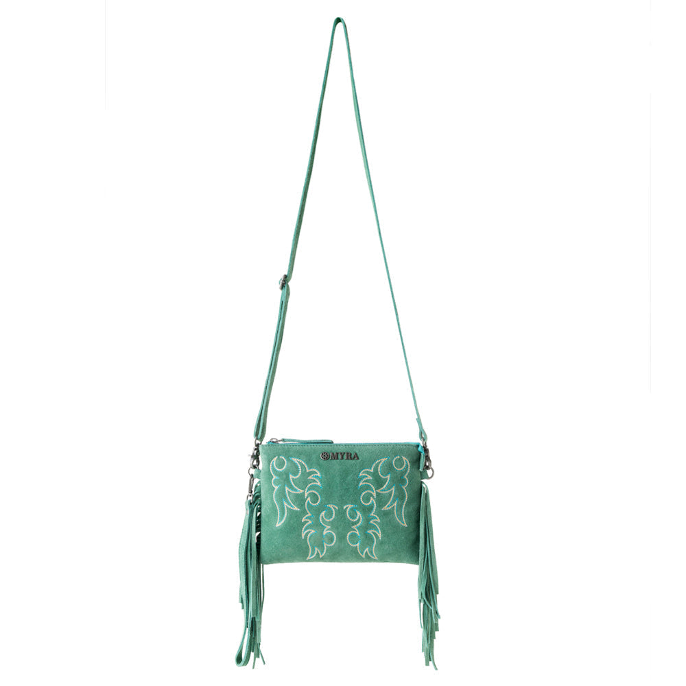 Myra Boot Stitch Suede Bag for Women in green with embroidery and fringe detail