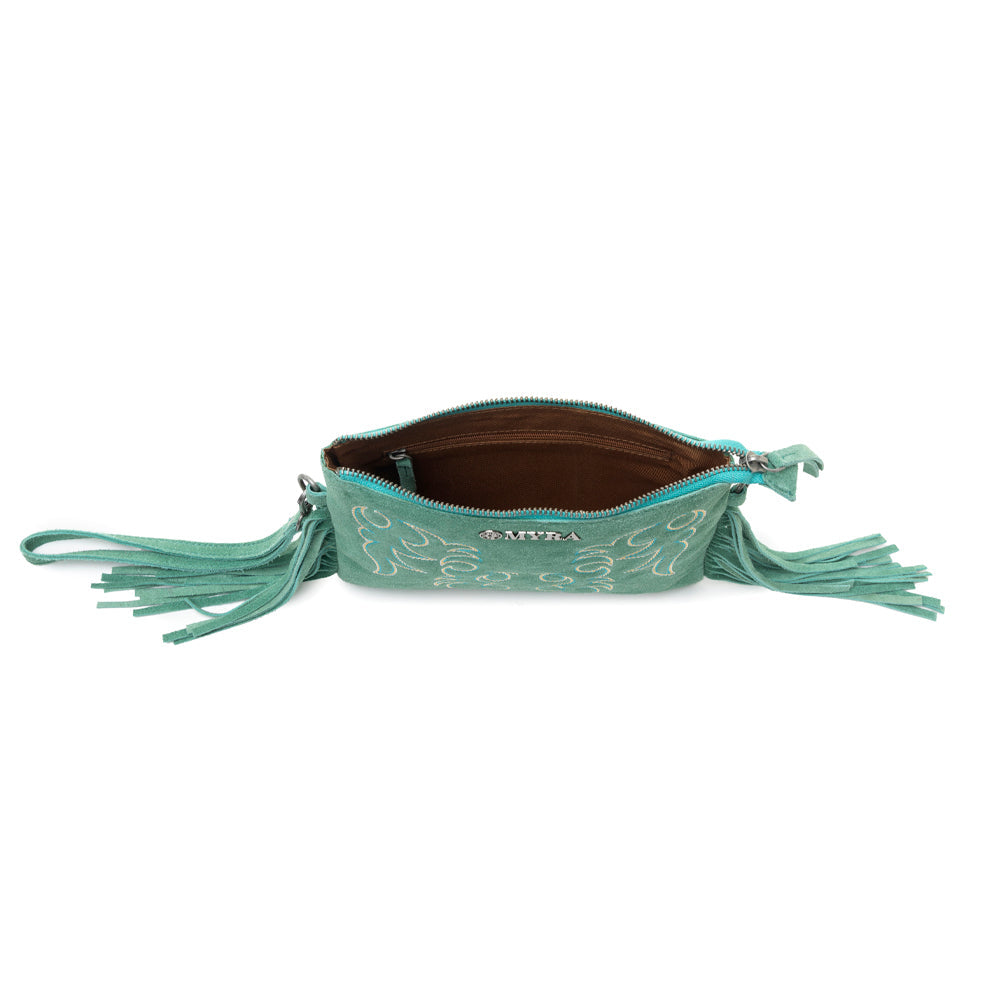 Myra Boot Stitch Suede Bag for Women in green with embroidery and fringe detail