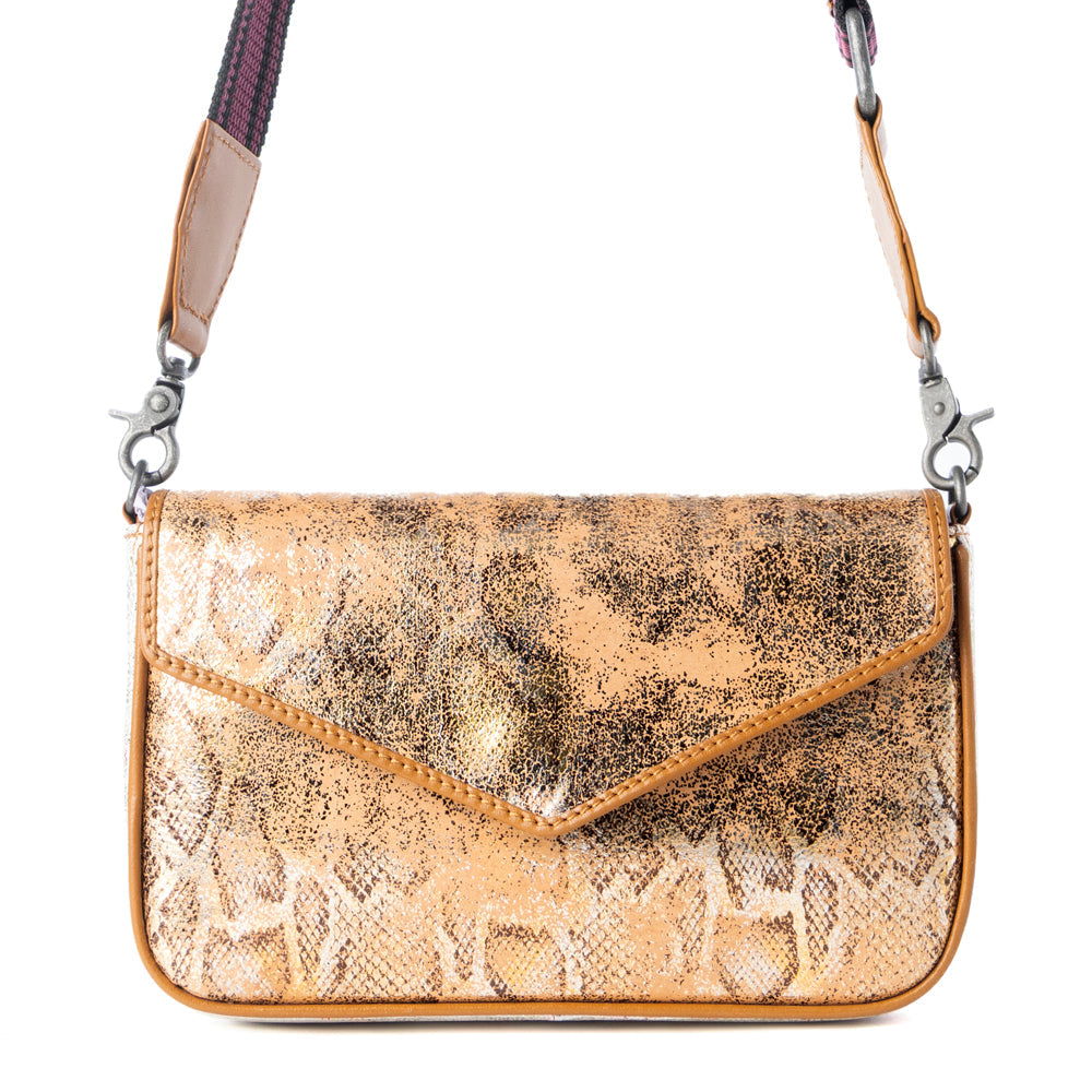 Myra Wild Print Leather Bag for Women in Golden with snake print detail and shoulder strap