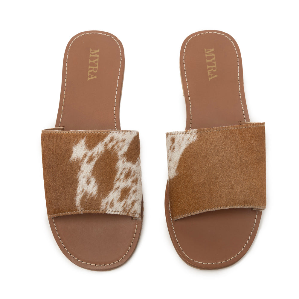 Myra Kemma Hairon Slide Sandals for Women â€“ Comfortable Flat Slides with Tan & White Speckle Print for Western Summer Outings