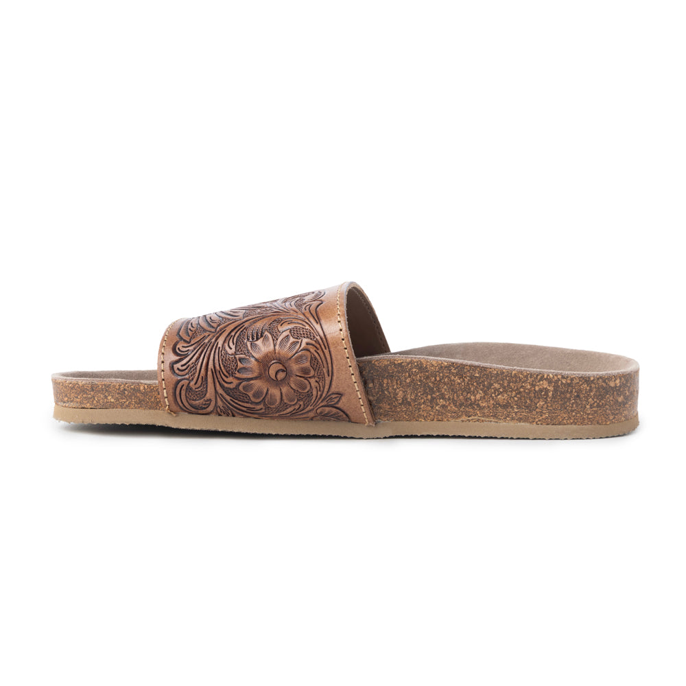 Myra Dottie Handtooled Leather Slide Sandals for Women â€“ Floral Western Tooling with Cork Sole for Casual Comfort