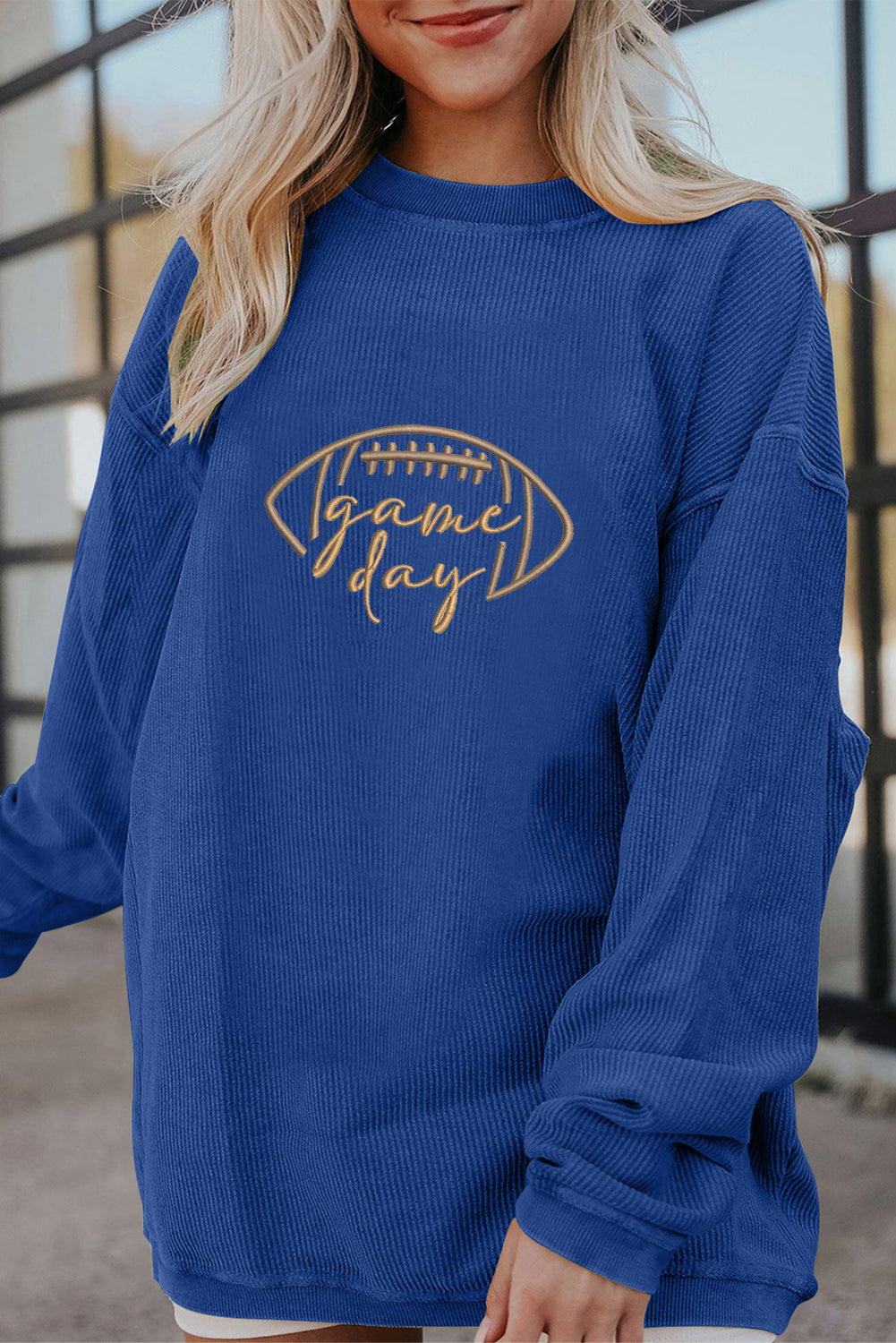 Black Football Graphic Game Day Embroidered Corded Sweatshirt