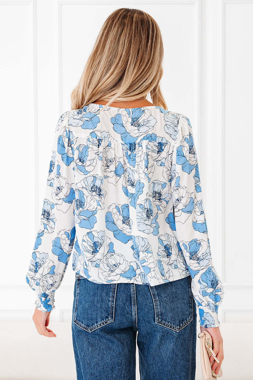 Sky Blue Floral Print Frilly Smocked Square Neck Long Sleeve Blouse