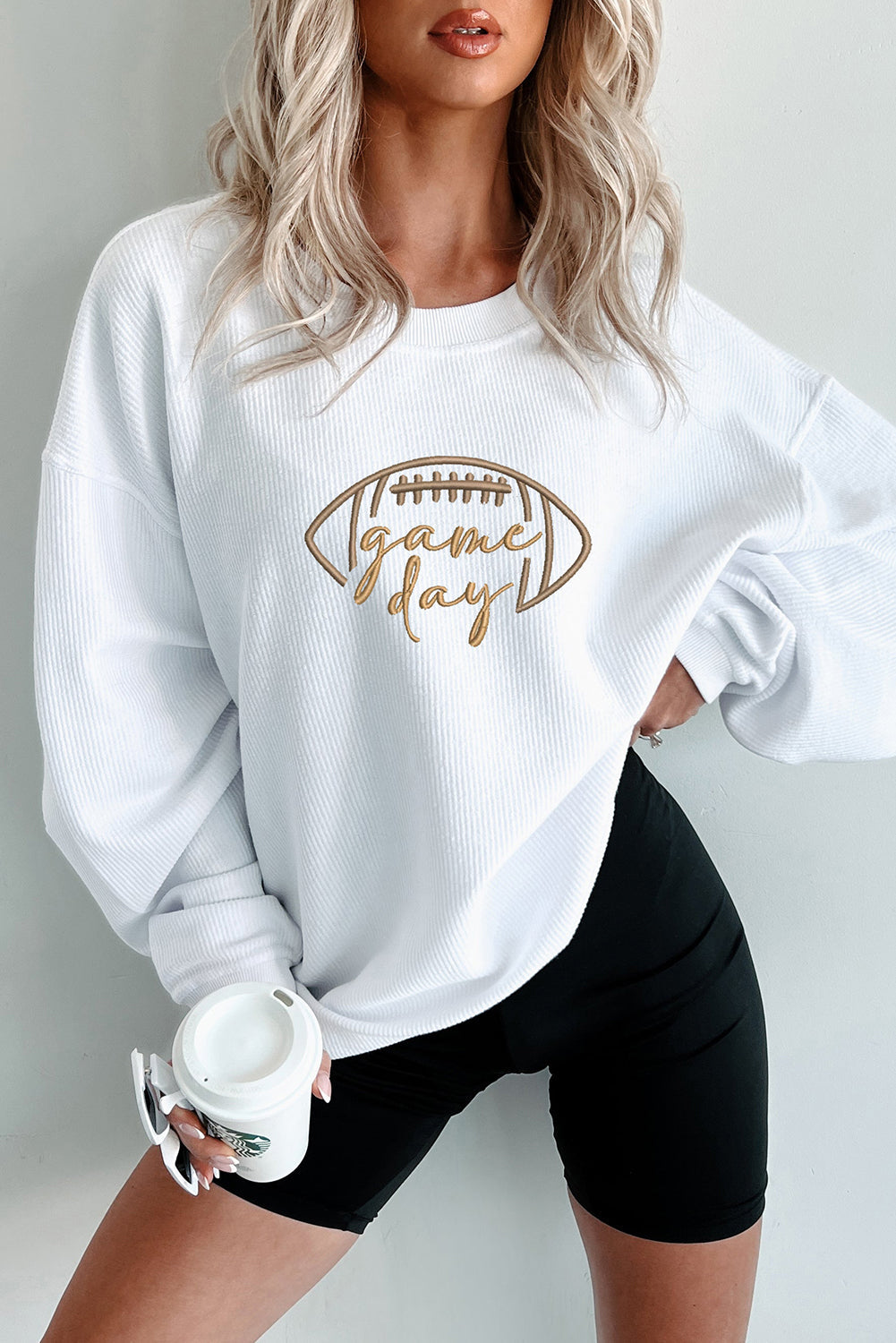 Black Football Graphic Game Day Embroidered Corded Sweatshirt