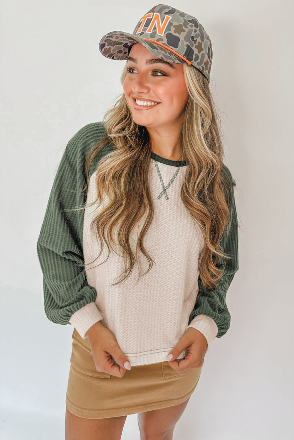 Camel Waffle Color Block Raglan Sleeve Top